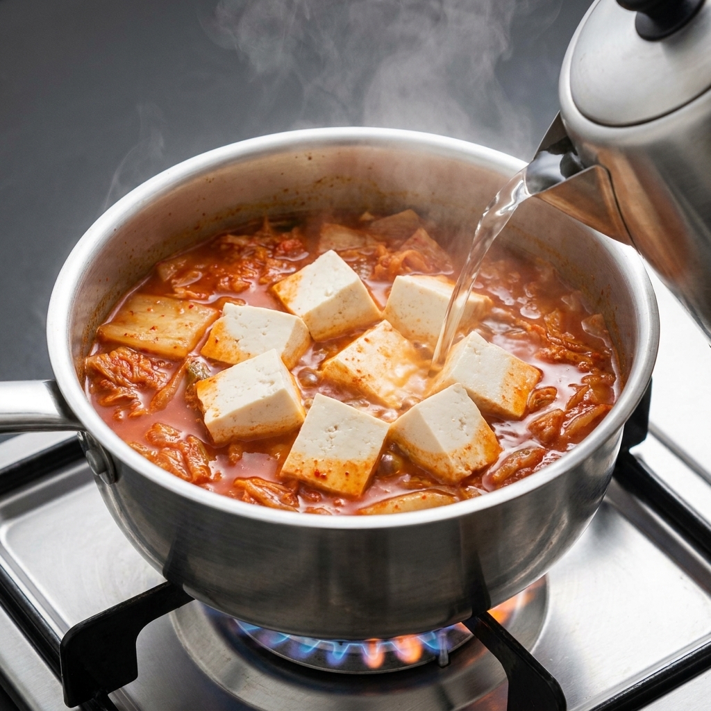 Agua caliente cayendo de una tetera de metal a una olla con caldo rojo, kimchi y tofu.