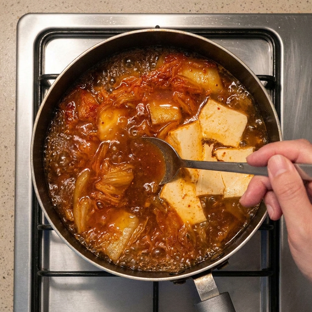 Una cuchara de metal removiendo un caldo rojo burbujeante con trozos de tofu y kimchi.