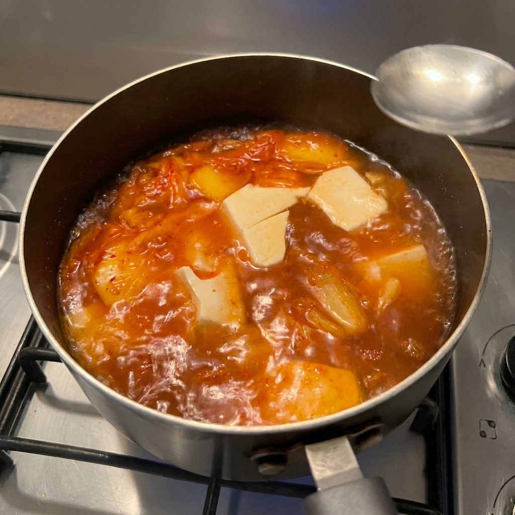 Una cuchara de metal sobre una olla de sopa de kimchi, añadiendo sazonador líquido.