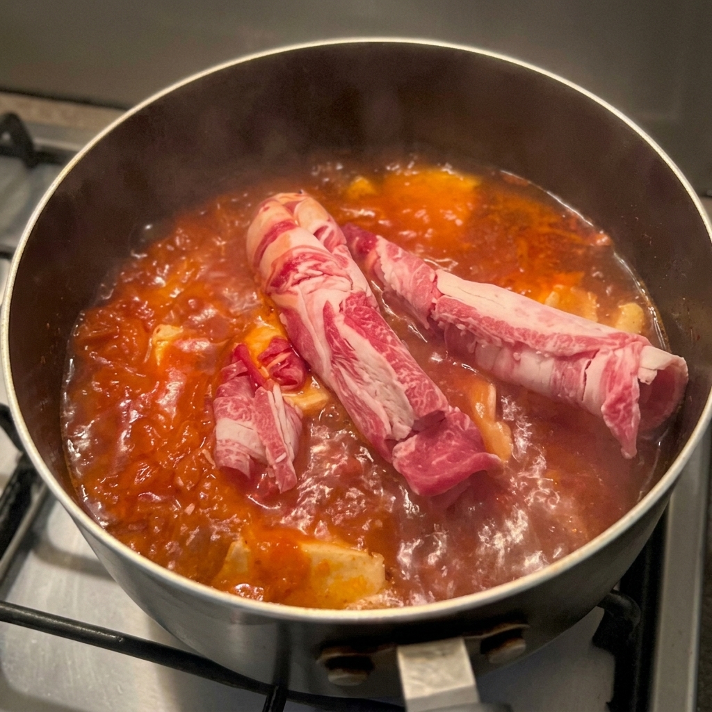 Láminas finas de ternera cruda en un caldo rojo con tofu y kimchi en una cacerola.
