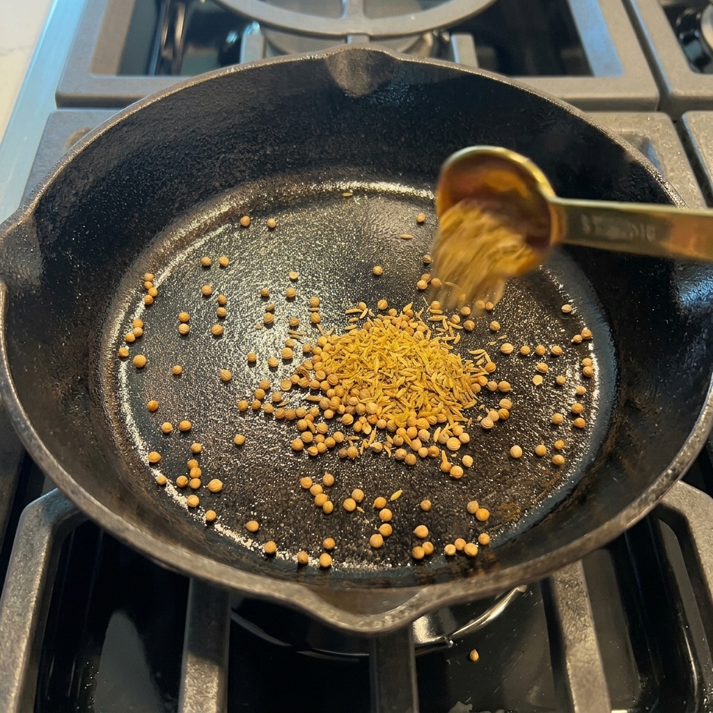 Semillas de cilantro, comino y granos de pimienta tostándose en una sartén de hierro fundido sobre una estufa de gas.