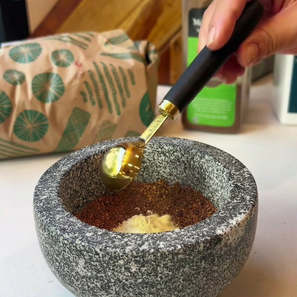 Una cuchara medidora añadiendo mostaza en polvo a una mezcla de especias y azúcar moreno en un mortero de piedra.