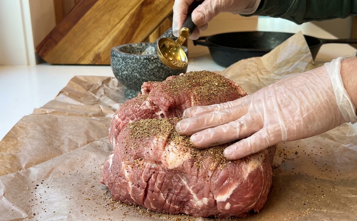 Manos con guantes frotando una mezcla de especias de color rojo oscuro sobre una pieza grande de paleta de cerdo cruda.
