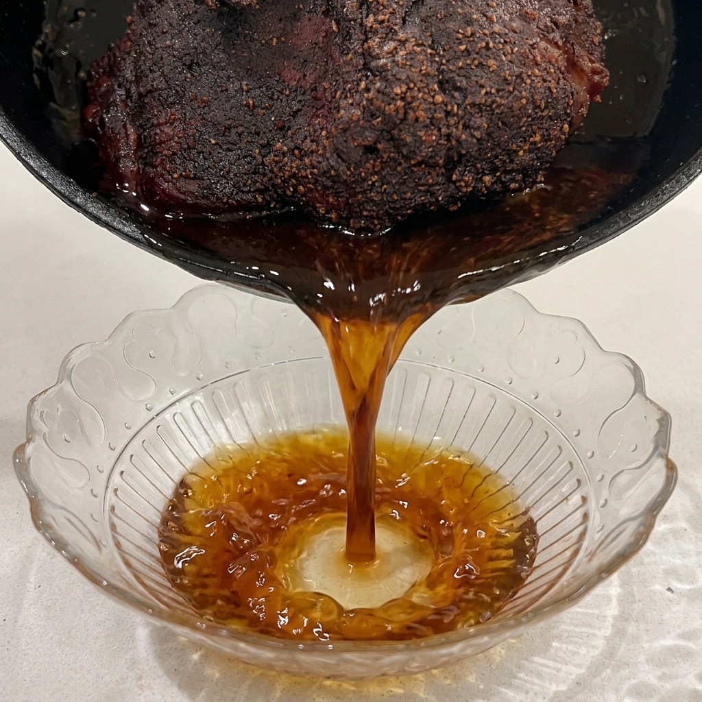 Jugos de cerdo de color marrón oscuro vertiéndose desde una sartén a un bol de vidrio transparente.