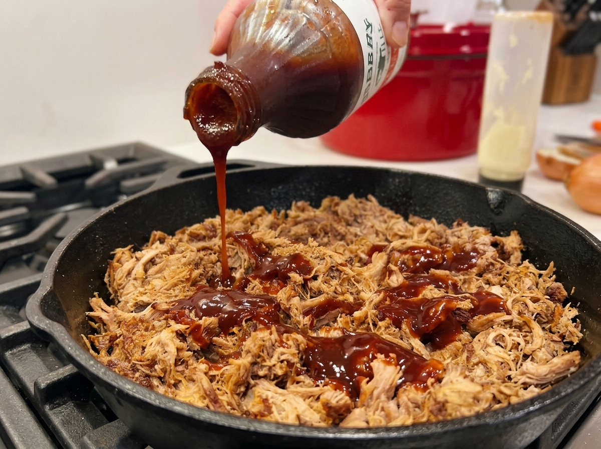 Vertiendo salsa barbacoa oscura desde una botella sobre una sartén con cerdo desmenuzado.