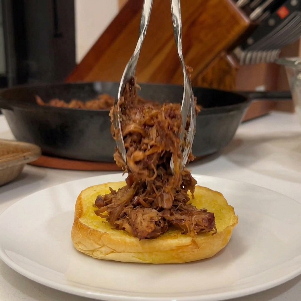 Pinzas metálicas colocando una montaña de pulled pork con salsa BBQ sobre un pan tostado con mantequilla.