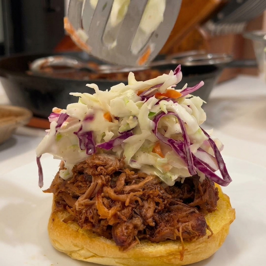Una cuchara ranurada colocando ensalada de col cremosa y colorida sobre un sándwich de pulled pork.