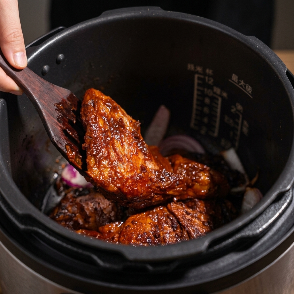 Usando una espátula para colocar trozos sellados de cerdo en una olla a presión sobre rodajas de cebolla roja.