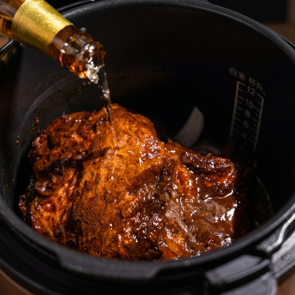 Vertiendo una botella de cerveza rubia en una olla a presión llena de cerdo sellado y cebolla.