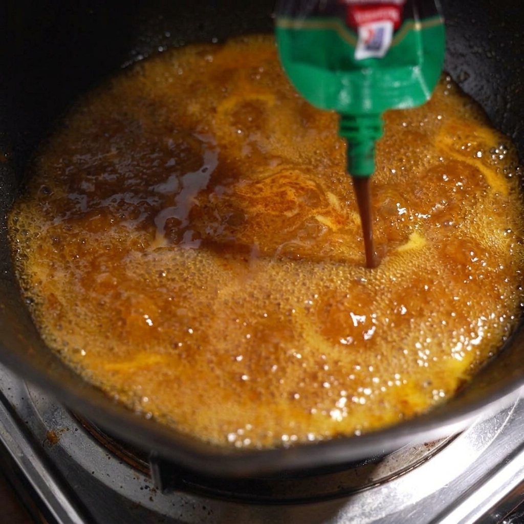 Añadiendo salsa de pimienta negra desde una botella a una sartén con el líquido de cocción burbujeando.