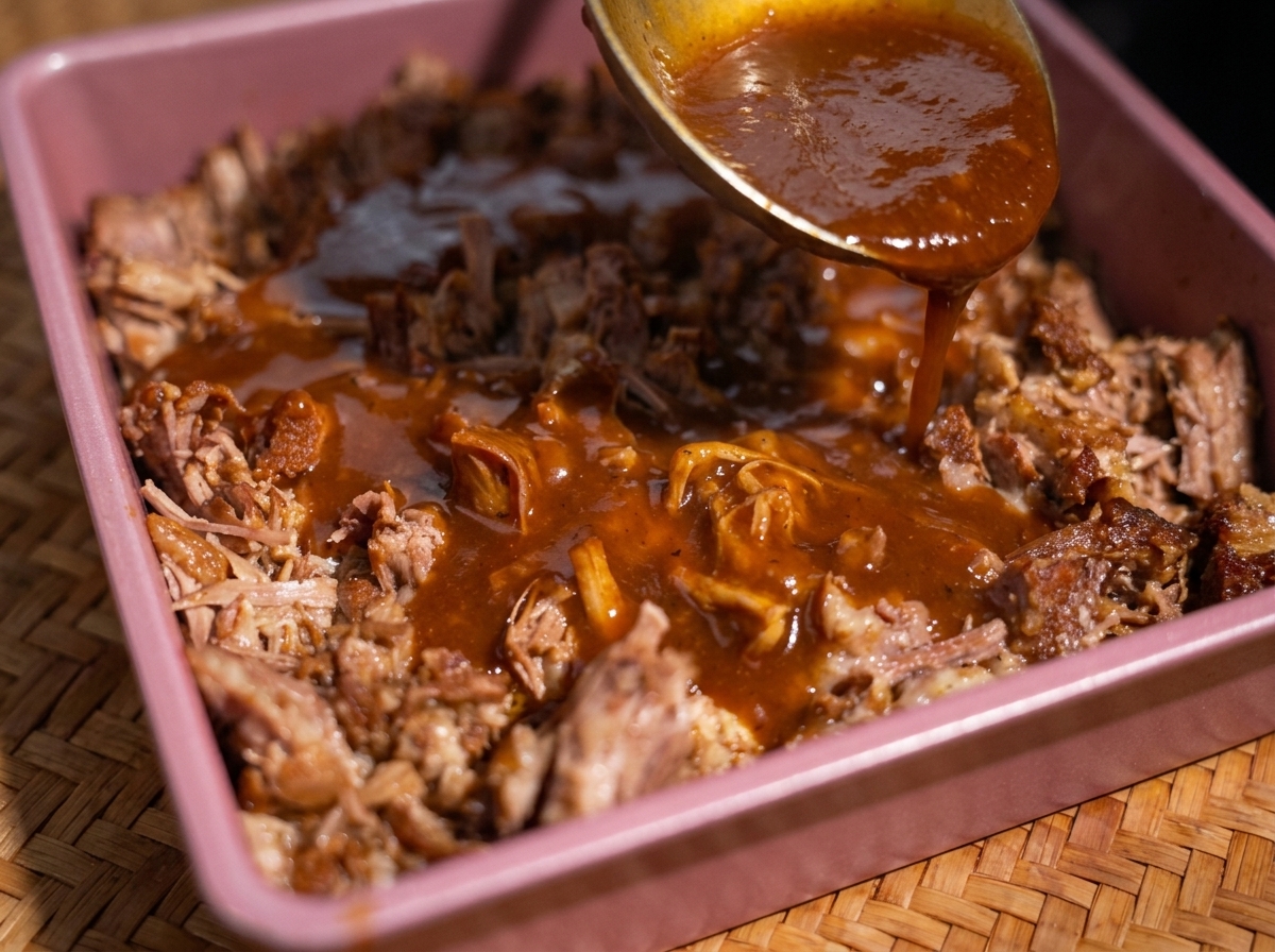 Un cucharón de metal vertiendo una salsa espesa y oscura sobre una bandeja llena de pulled pork desmenuzado.
