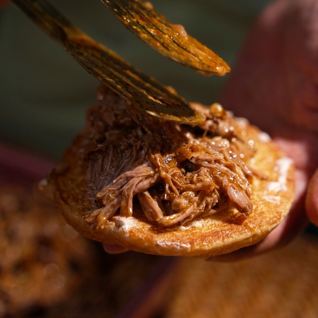 Unas pinzas colocando una porción generosa de pulled pork con salsa en la base tostada de un pan de hamburguesa.