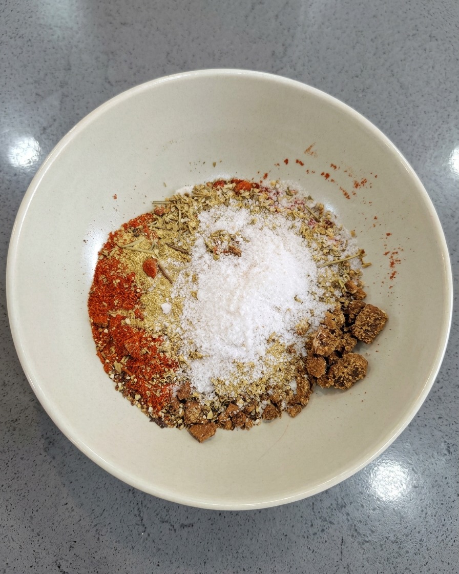 Un bol blanco con una mezcla colorida de especias, sal y terrones de azúcar moreno listos para mezclar.