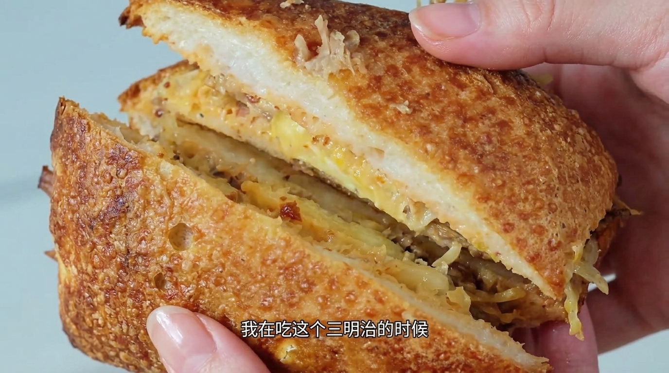 Un sándwich de pulled pork cortado a la mitad, mostrando capas de carne tierna, chucrut cremoso y salsa en un pan ciabatta crujiente.