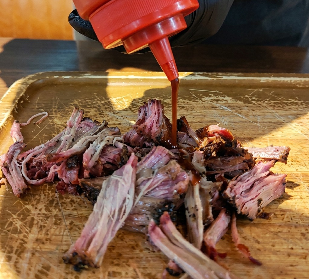 Botella de salsa vertiendo salsa BBQ oscura sobre un montón de cerdo desmenuzado en una tabla de madera de cocina.