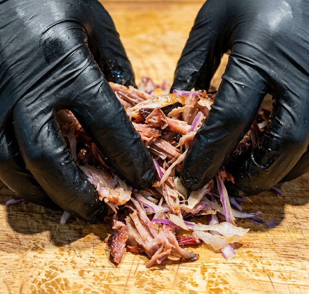 Manos mezclando minuciosamente el cerdo desmenuzado, la ensalada de col y las salsas sobre una tabla de madera.