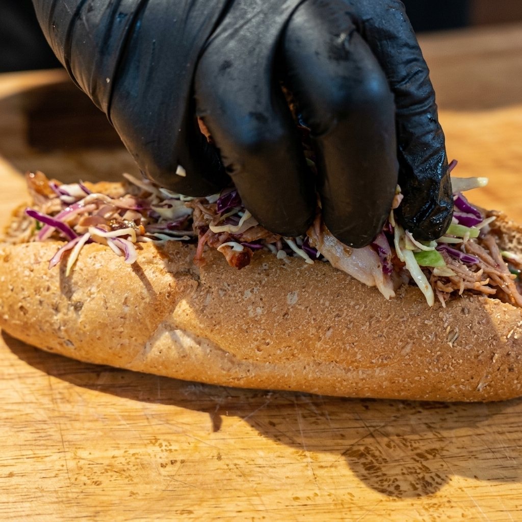 Manos rellenando generosamente una baguette integral abierta con la mezcla de pulled pork y ensalada de col.