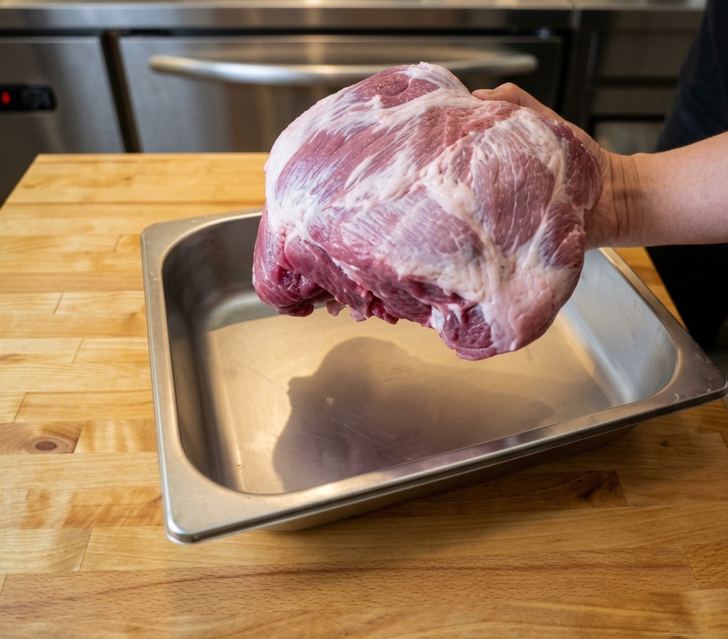 Una persona sosteniendo una paleta de cerdo cruda sobre una bandeja de acero inoxidable.