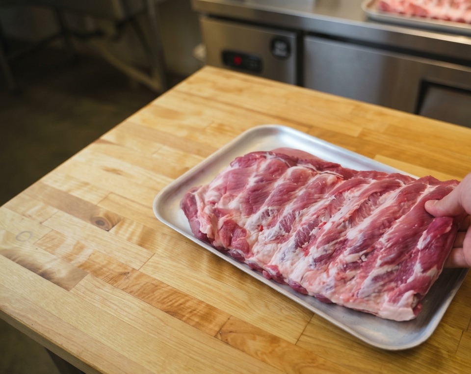 Una mano colocando un costillar de cerdo crudo sobre una mesa de carnicero de madera clara.