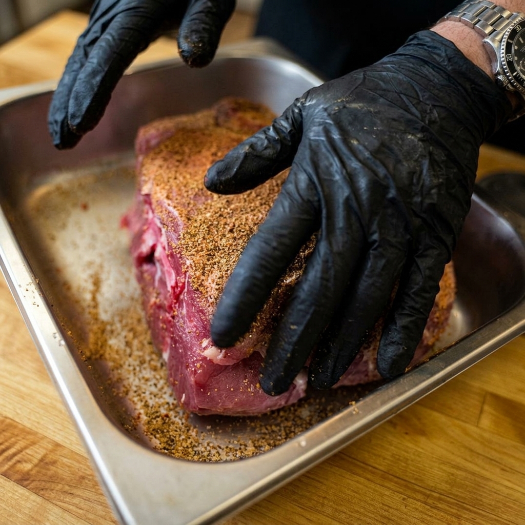 Manos con guantes negros presionando una capa gruesa de adobo seco sobre una paleta de cerdo cruda.