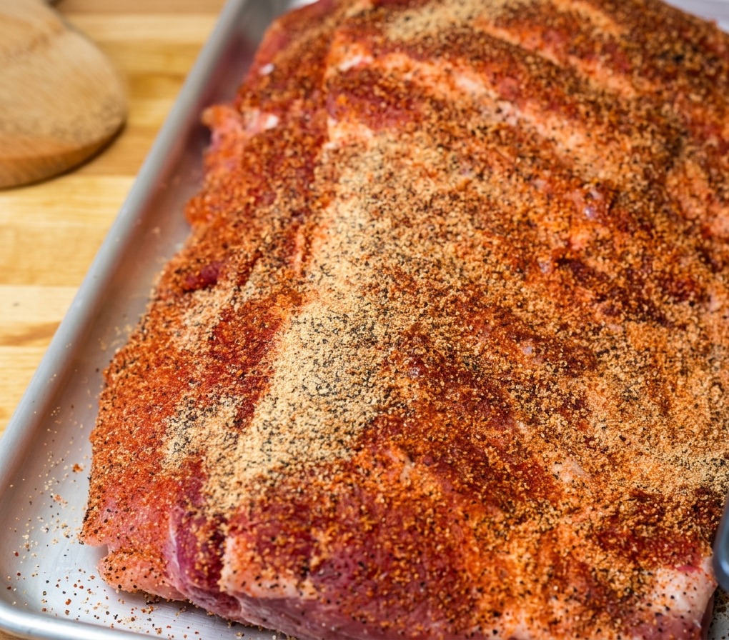 Primer plano de un costillar de cerdo cubierto de un adobo rojizo en una bandeja plateada.