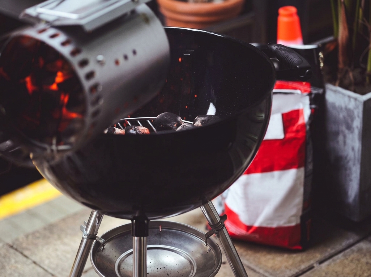 Carbón al rojo vivo cayendo de una chimenea de metal al fondo de una parrilla de carbón.