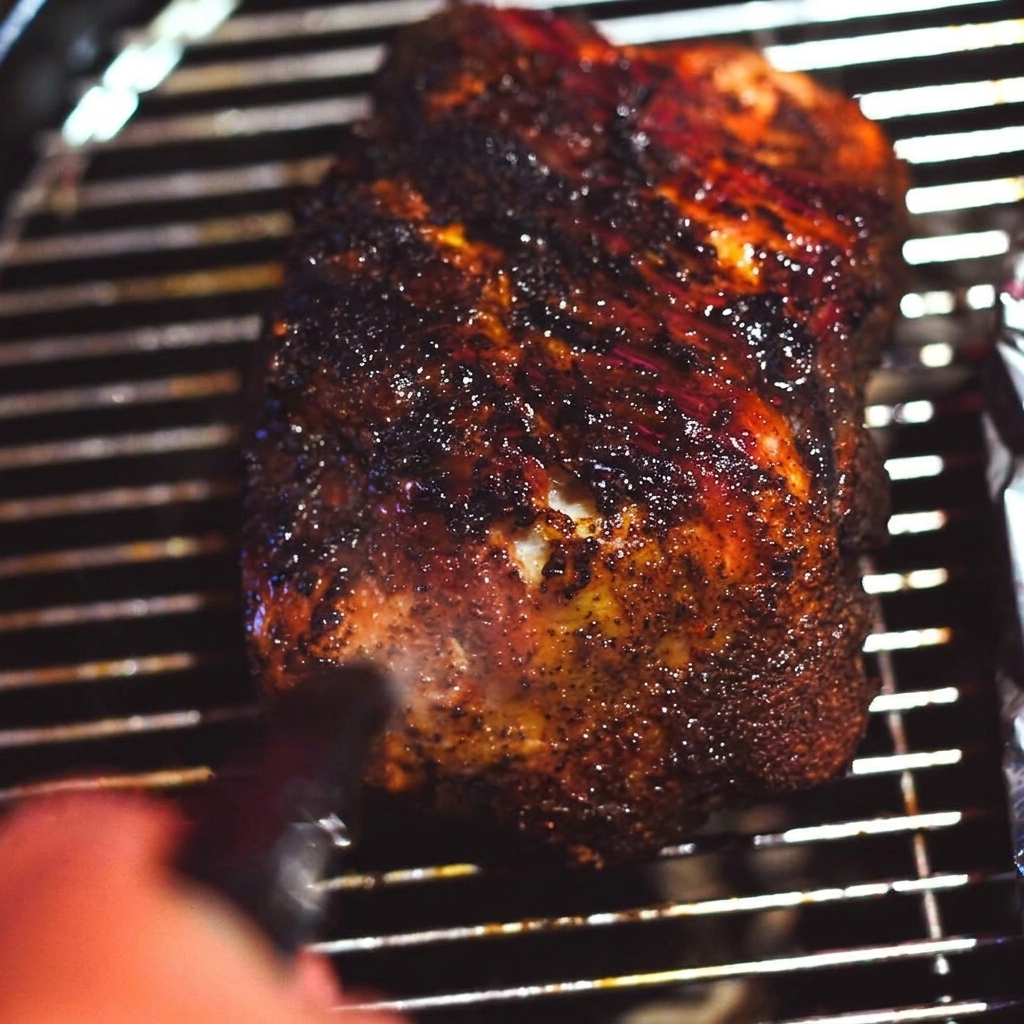 Paleta de cerdo con costra oscura en la parrilla siendo rociada con un líquido transparente.