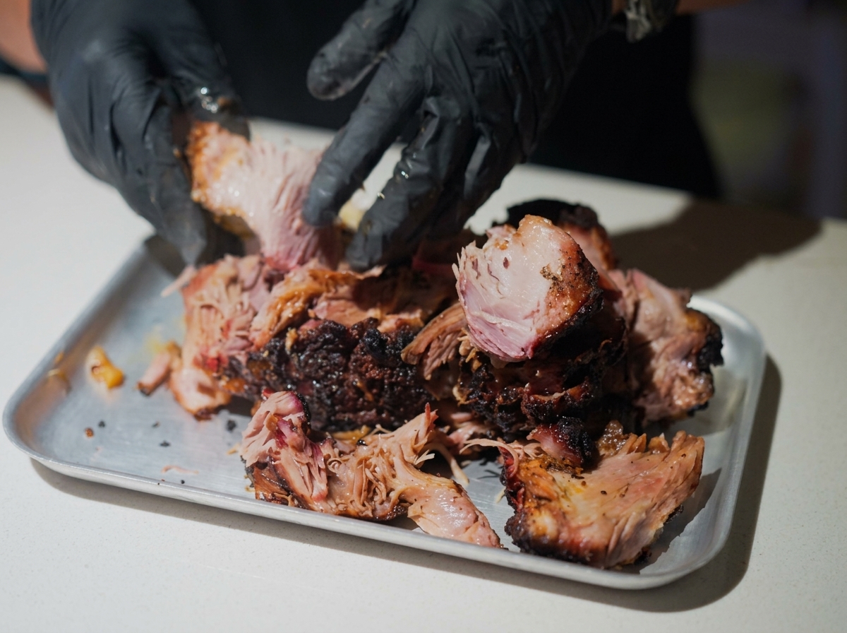 Manos con guantes desmechando una paleta de cerdo asada con costra oscura.