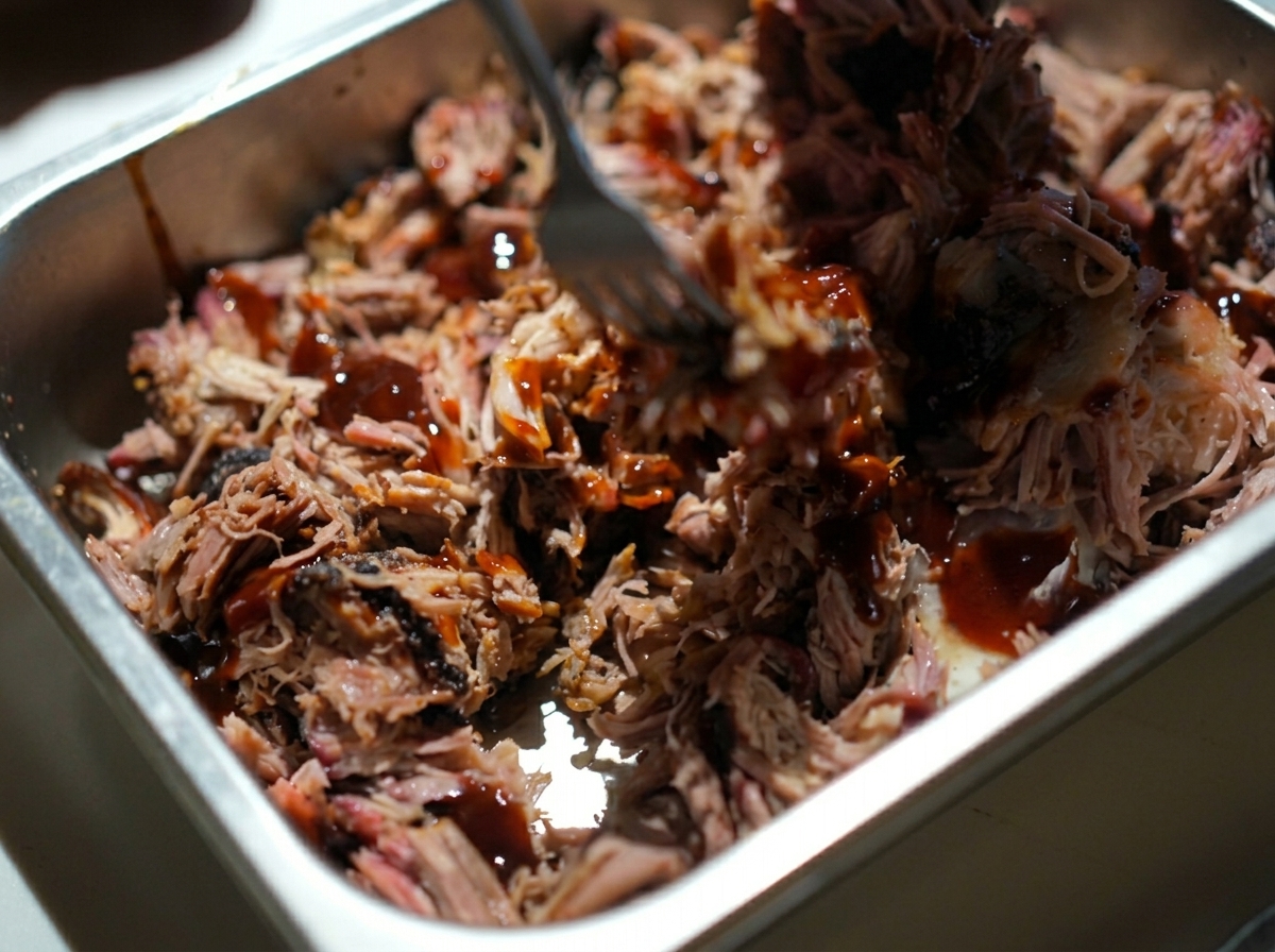 Un tenedor mezclando una salsa barbacoa espesa y oscura con carne de cerdo desmechada.
