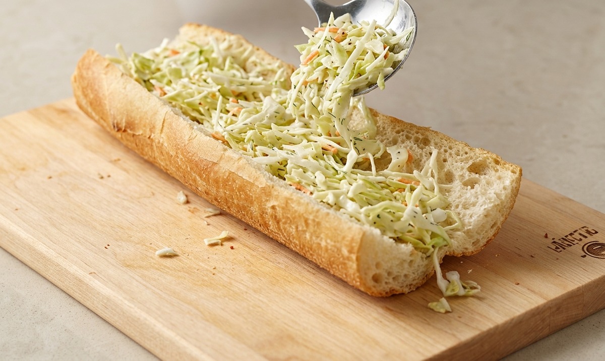 Una persona untando ensalada de col cremosa dentro de un pan de sándwich alargado.