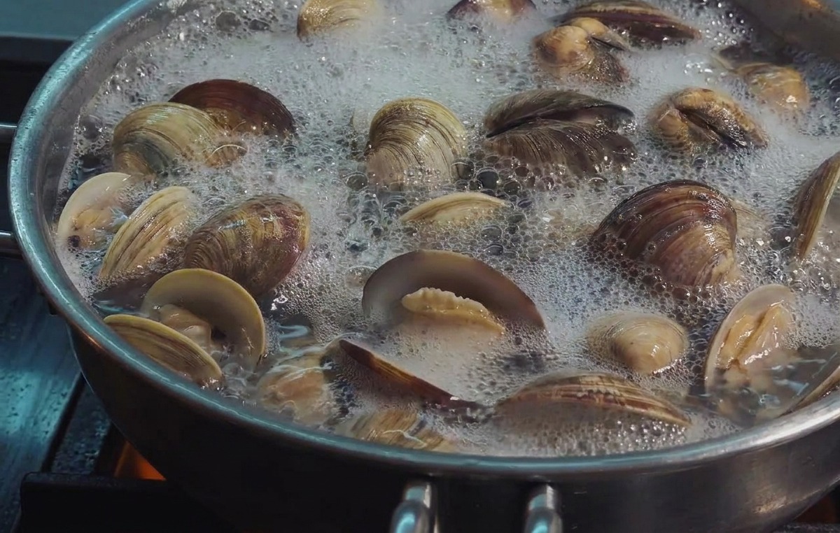 Almejas frescas burbujeando en agua hirviendo, con la mayoría de las conchas abiertas dejando ver la carne.