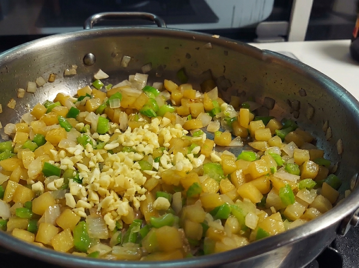 Ajo fresco picado añadido a una sartén con papas, apio y cebollas sofritas.