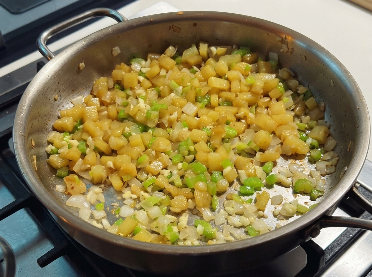 Mantequilla derretida y harina siendo mezcladas con los vegetales sofritos en la sartén.