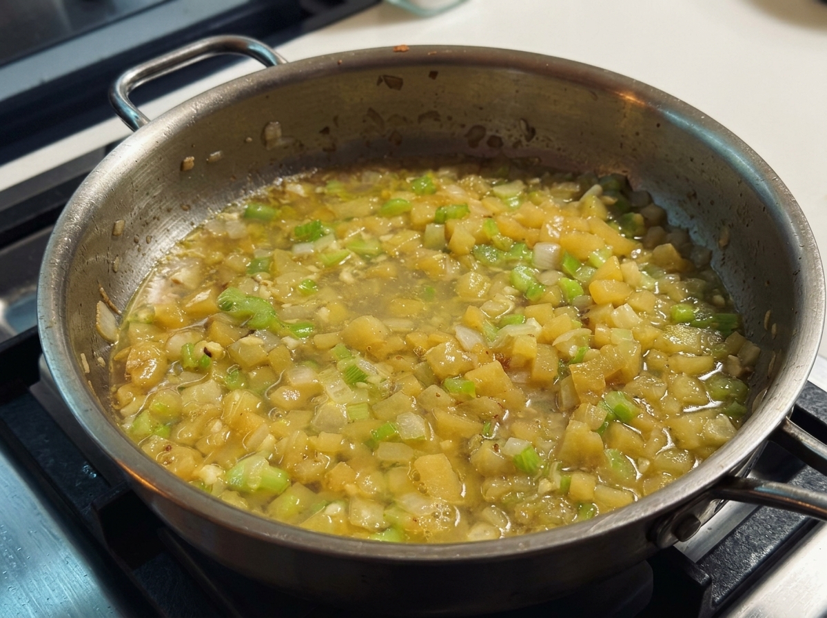 Caldo de almejas colado hirviendo junto a los vegetales sofritos en una sartén de acero inoxidable.