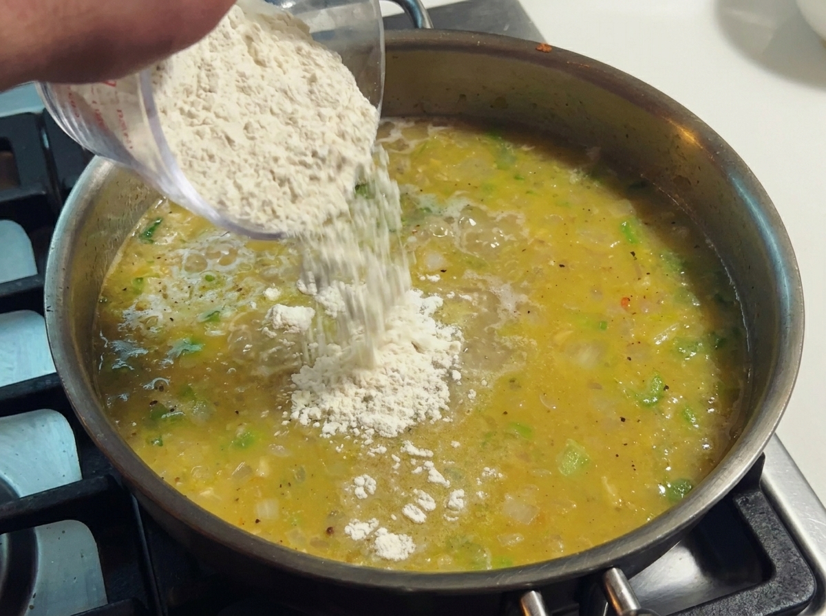Una cuchara de madera removiendo un caldo espeso con vegetales en una sartén de acero inoxidable.
