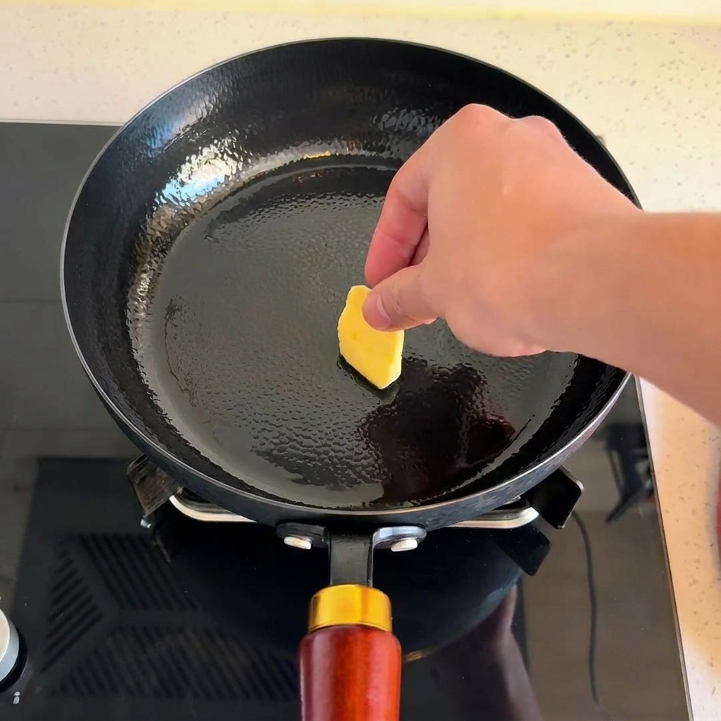 Una mano colocando un trozo cuadrado de mantequilla en una sartén negra caliente.