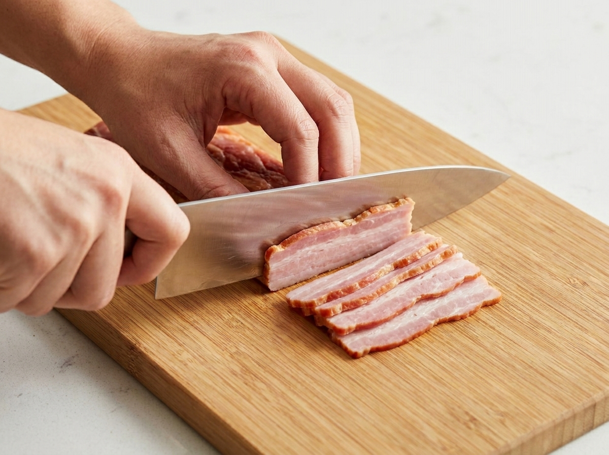 Manos usando un cuchillo para cortar una pila de beicon crudo en tiras pequeñas sobre una tabla de madera.