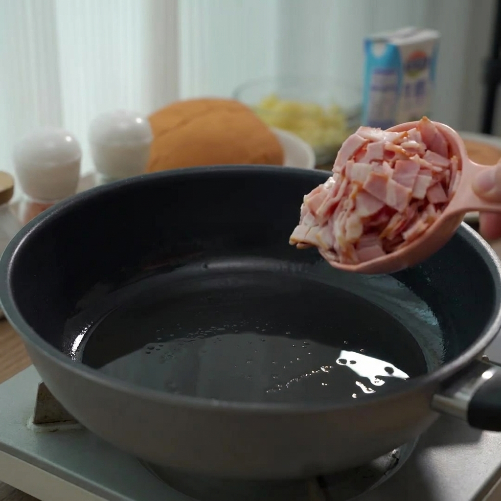 Trozos de beicon crudo vertiéndose desde una taza medidora rosa a una sartén.