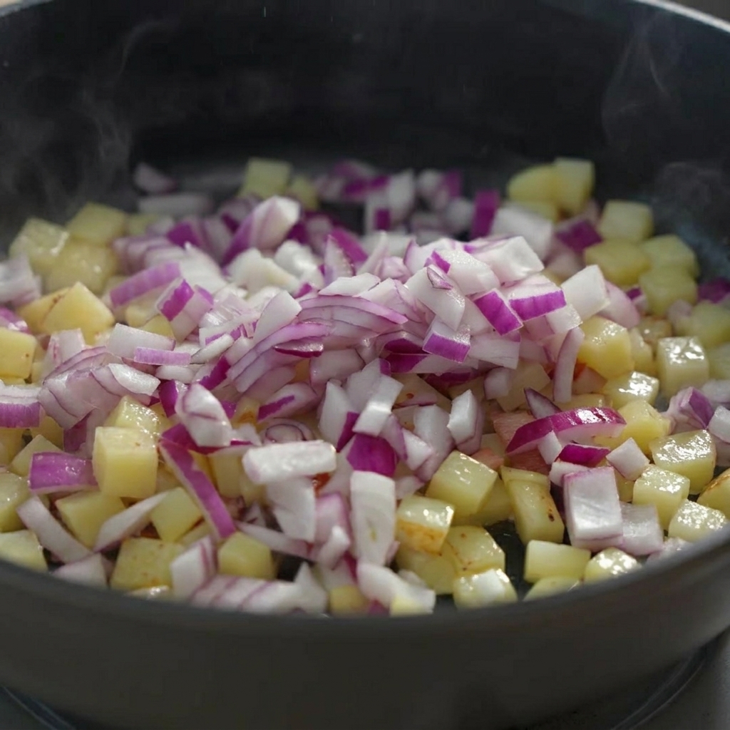 Cebolla roja recién picada cayendo en una sartén caliente que ya contiene patatas cocidas en dados.