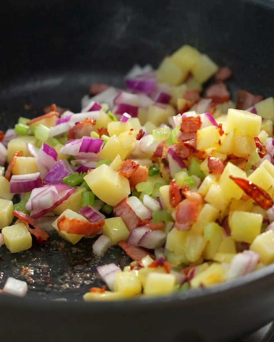 Caldo de cocción de las almejas vertiéndose en una sartén con verduras salteadas y beicon.