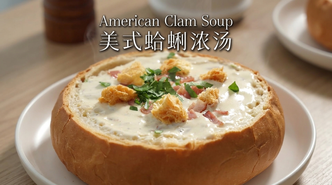 Clam Chowder clásico americano en cuenco de pan