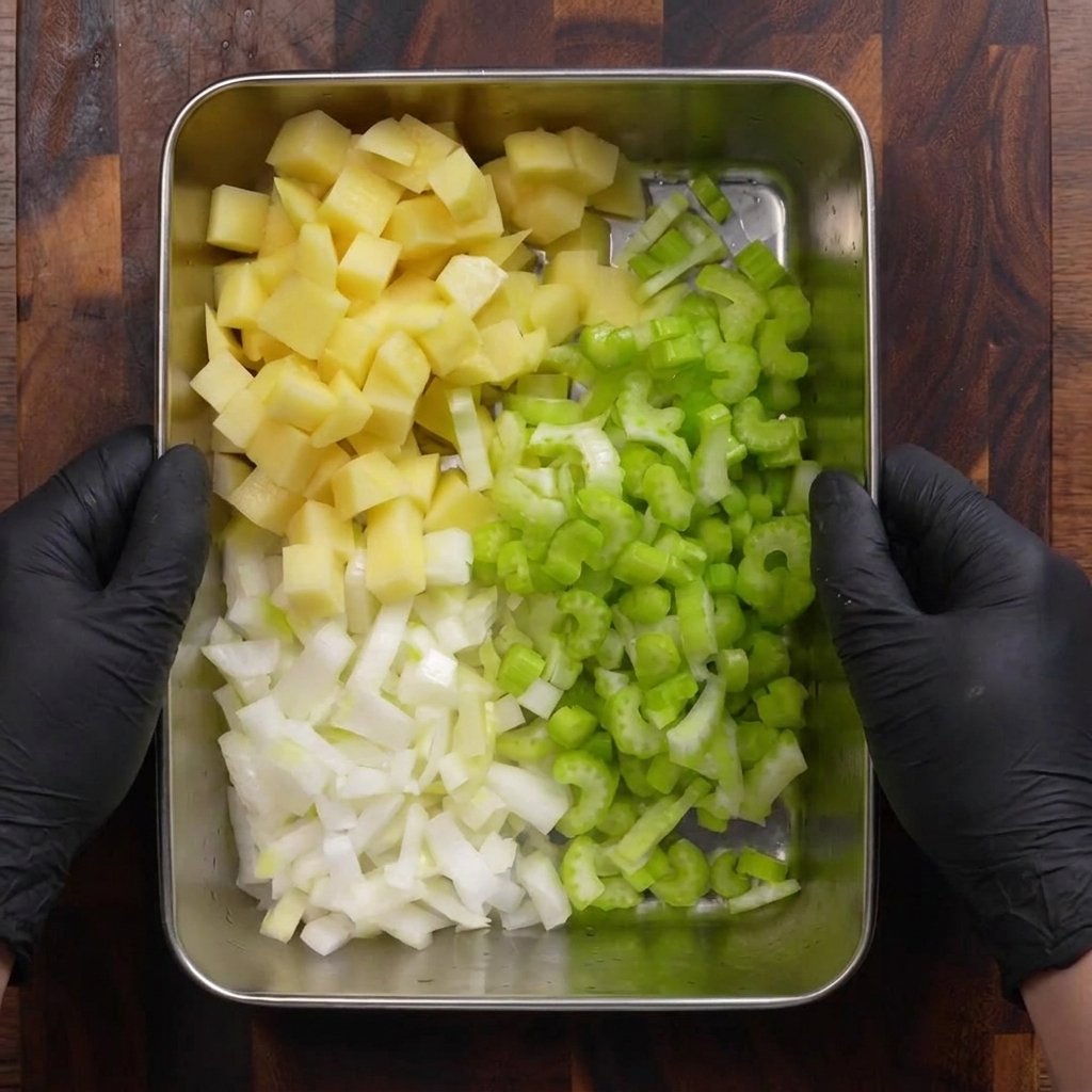 Bandeja metálica con patatas, apio y cebollas cortadas en cubos uniformes.