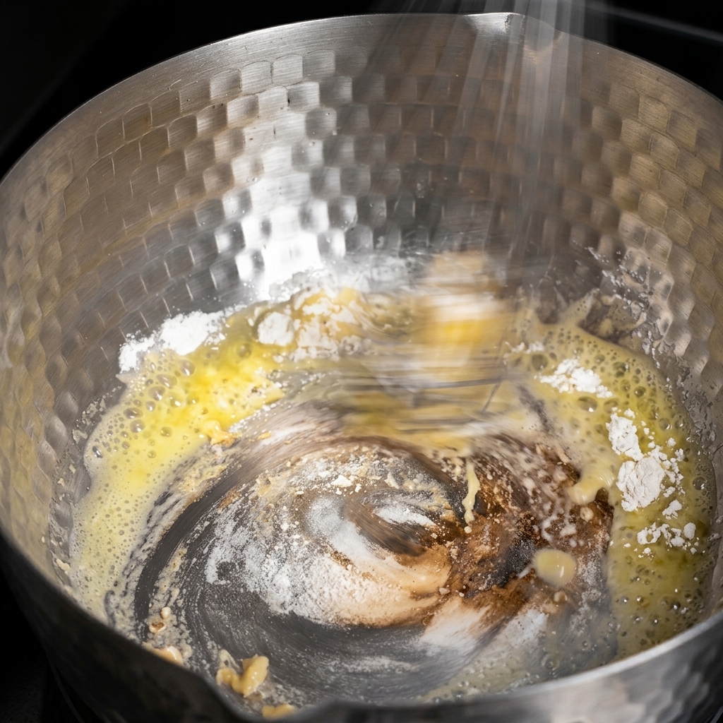 Harina y mantequilla derretida batiéndose en un cazo para formar una pasta.