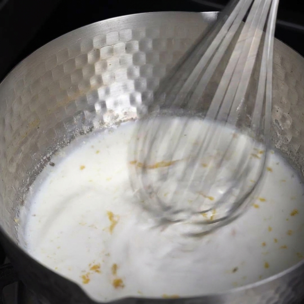 Varillas batiendo una salsa blanca espesa y aterciopelada en un cazo metálico.
