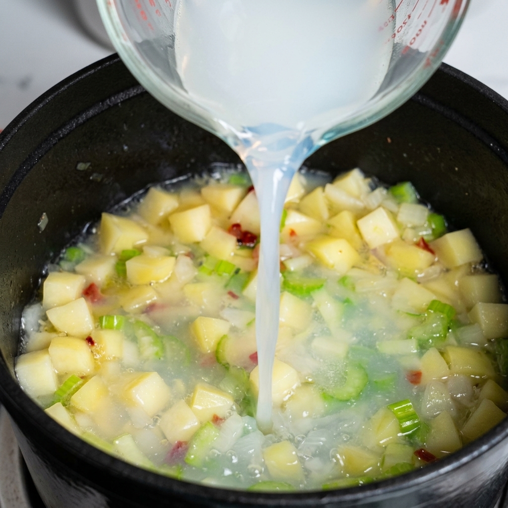 Caldo de almejas blanquecino vertiéndose en la olla con las verduras sofritas.