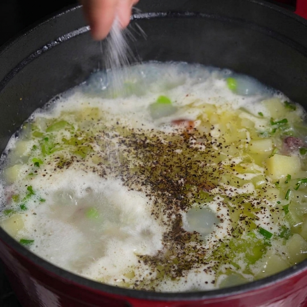 Mano espolvoreando sal en la olla de sopa hirviendo con verduras.
