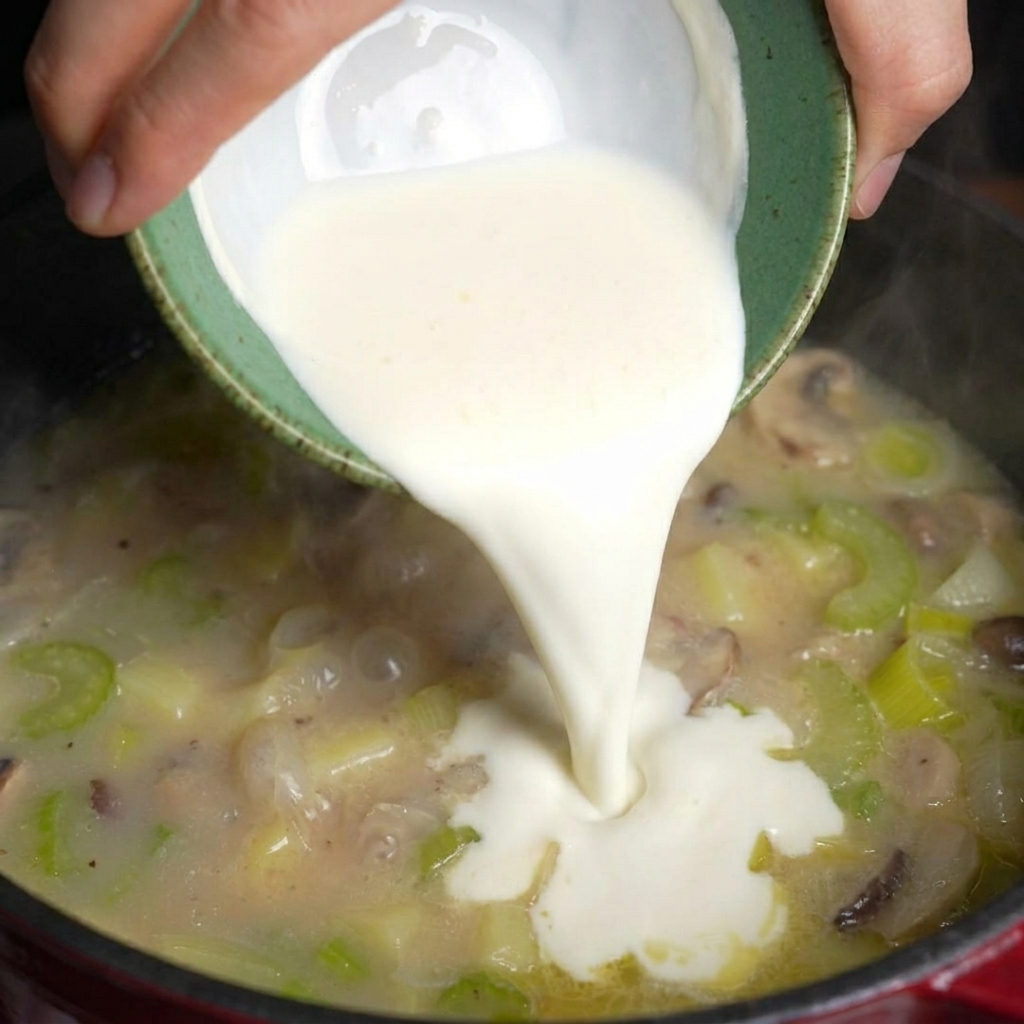 Nata líquida vertiéndose en la olla con el guiso de patatas y apio.