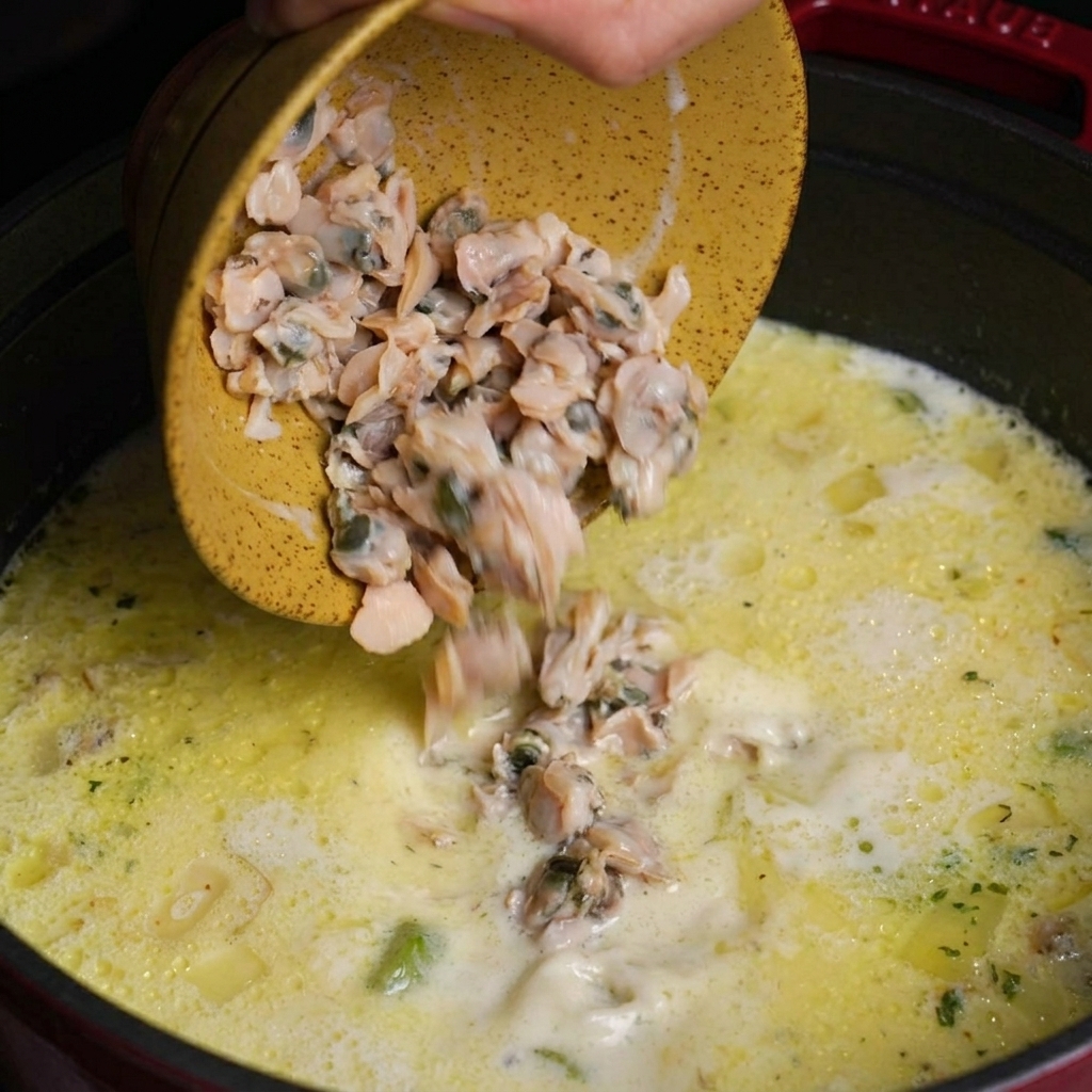 Persona vertiendo la carne de almeja picada en la olla de chowder cremoso.