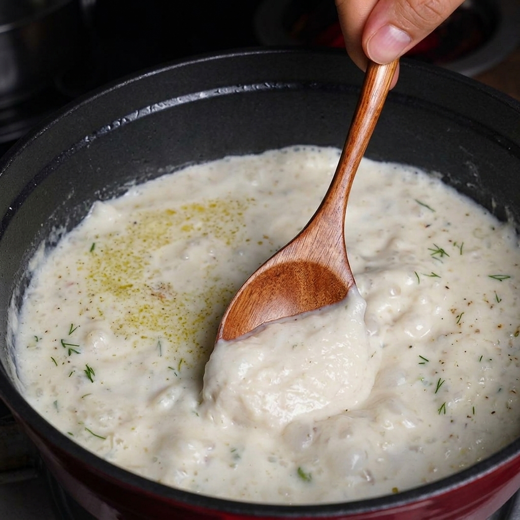 Cuchara de madera removiendo el clam chowder espeso con hierbas frescas en una olla oscura.