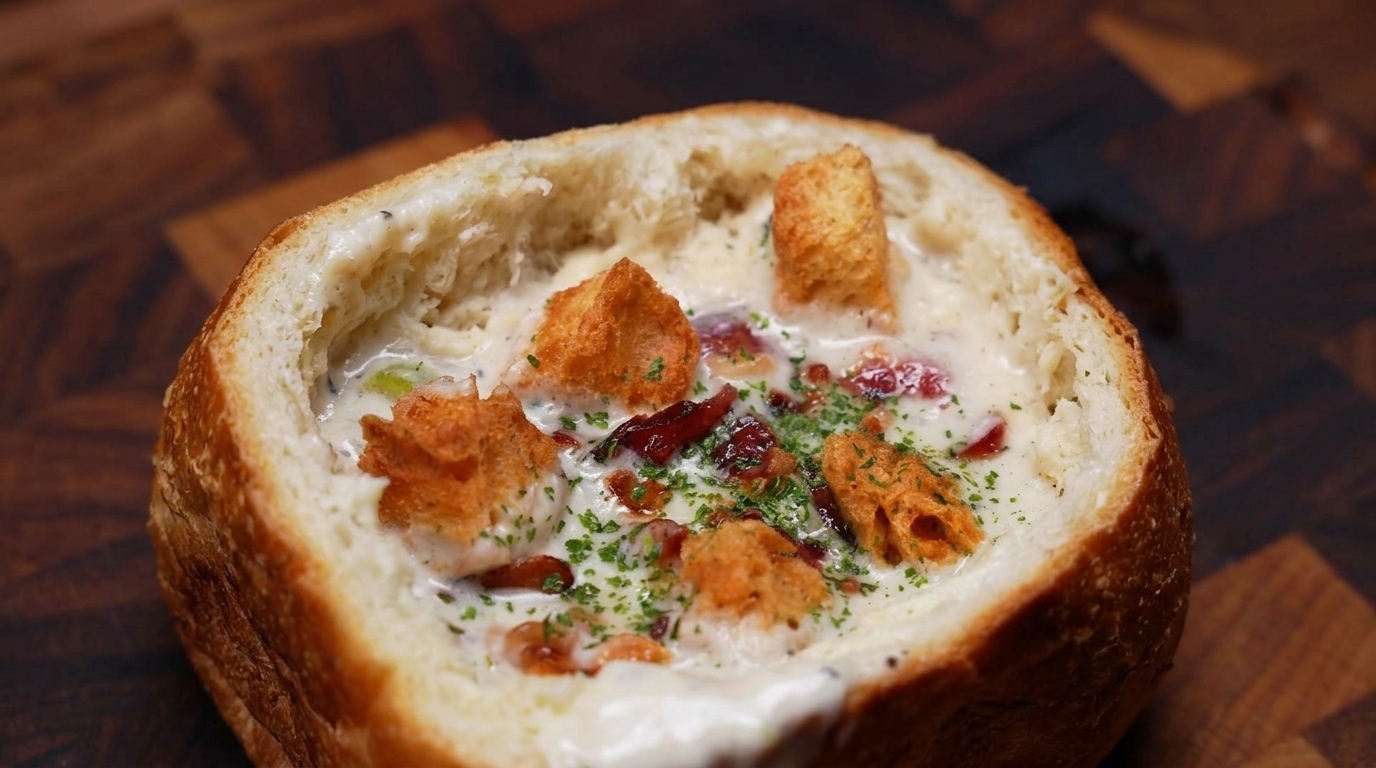 Clam Chowder Americano en Cuenco de Pan Casero